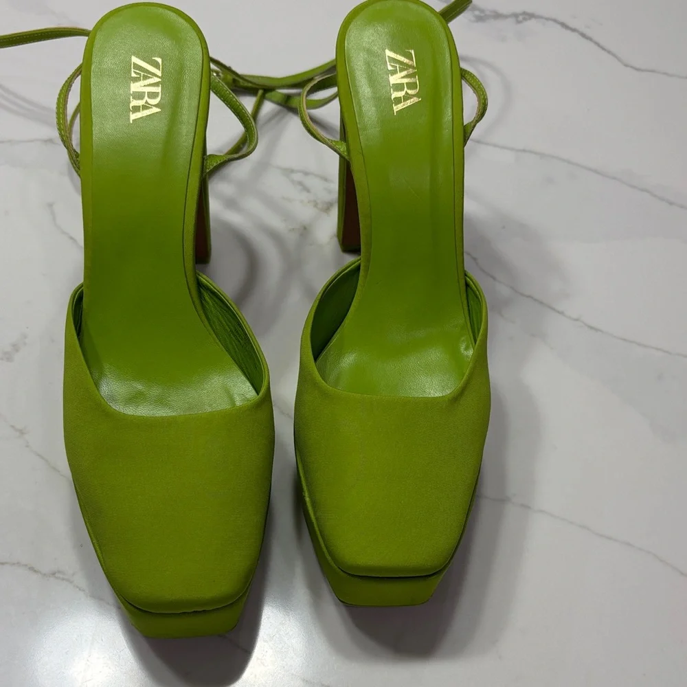Zara Lime Green Platform Ankle-Tie Heels